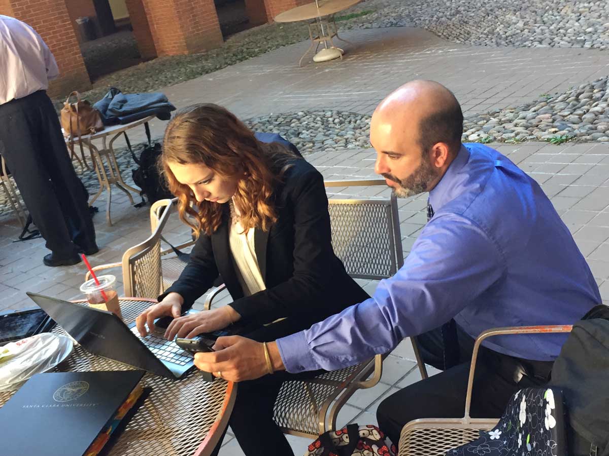 IHRC student Anya Thepot with Colin Bailey, Executive Director of the Environmental Justice Coalition for Water, preparing for a hearing on the right to water in the U.S. before the Inter-American Commission on Human Rights.