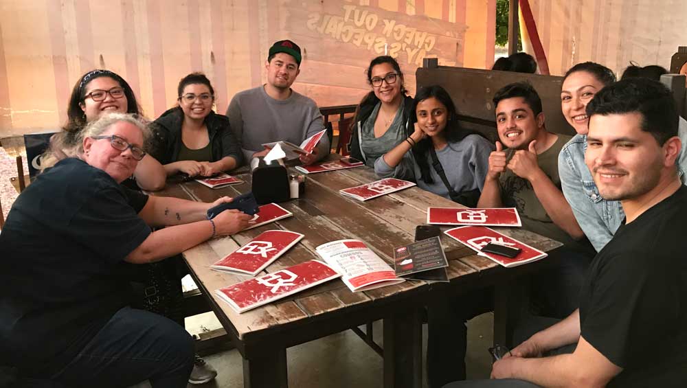 Gathering for a dinner debrief:  Pictured:  Prof. Lynette Parker, Chloe Czabaranek, Deisy Salas, Rigoberto Lua, Ruby Palomares, S. Coleman, Osvaldo Hidalgo Otamendi, Vasti Montiel, Victor Valdez Gonzalez.