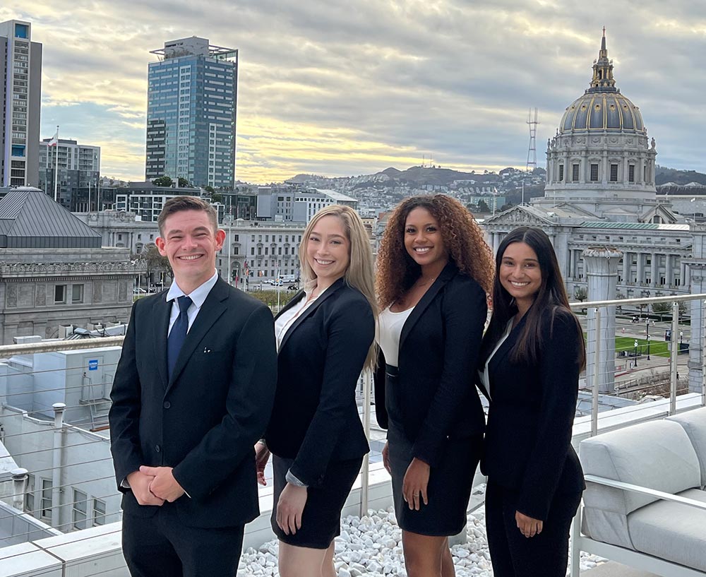 From left to right: Adam Turton JD '22, Co-Treasurer; Allison Yniguez JD '22, Co-President; Alexis Hatcher JD '22, Co-Treasurer; Felicity Evans, JD '23.