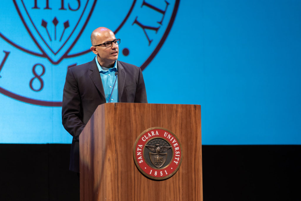 Akshay Verma JD '06 speaking at Santa Clara Law Convocation on August 15, 2019