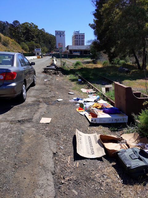 Garbage along an unmaintained road and abandoned tracks in South Vallejo, CA. A shuttered flour mill is seen in the background. Photo: Zsea Bowmani