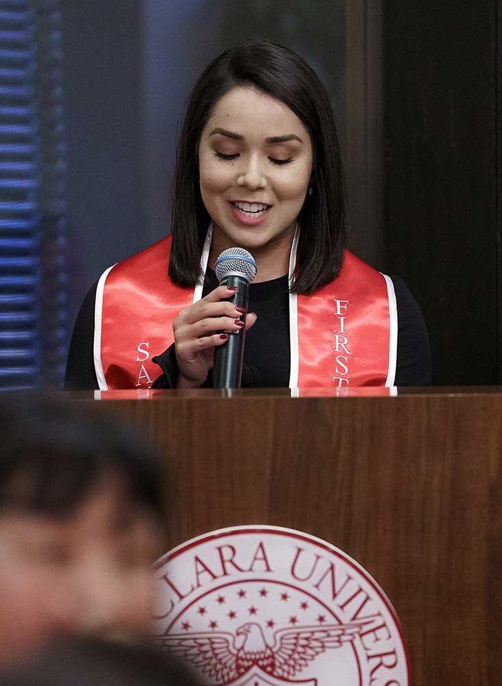 Maria Palomares JD '19 speaking at the First Generation dinner