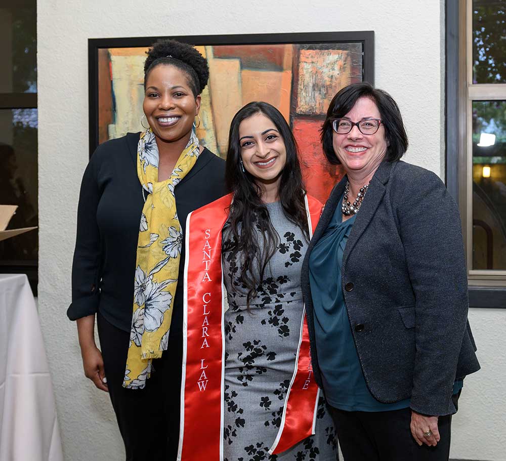 From left: Judge Shelyna Brown JD '96, Roshni Advani JD '19, and Dean Lisa Kloppenberg