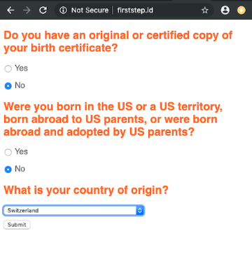 Screenshot of FirstStep.ID, a web app produced at the hackathon that directs users to the appropriate website for obtaining official ID.