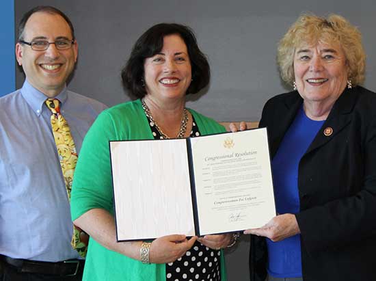 The Honorable Zoe Lofgren presents the proclamation to Dean Lisa Kloppenberg and Professor Eric Goldman, HTLI Co-Director